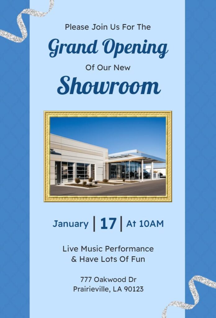 Simple blue and gold showroom grand opening invitation template with elegant modern layout.