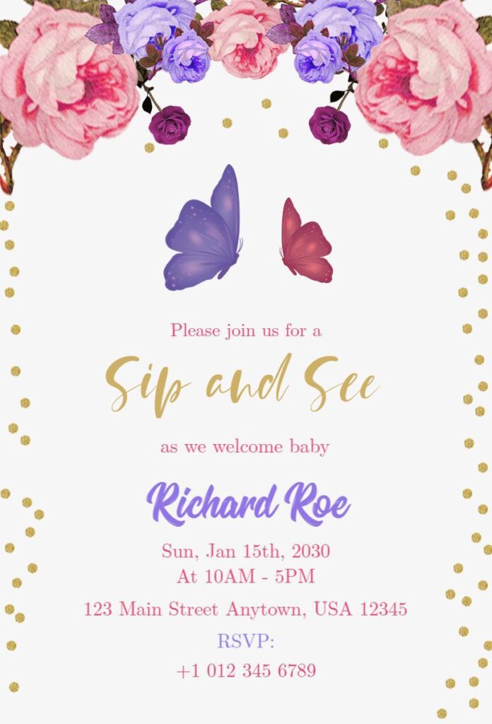floral butterfly sip and see invitation template for baby welcome celebration