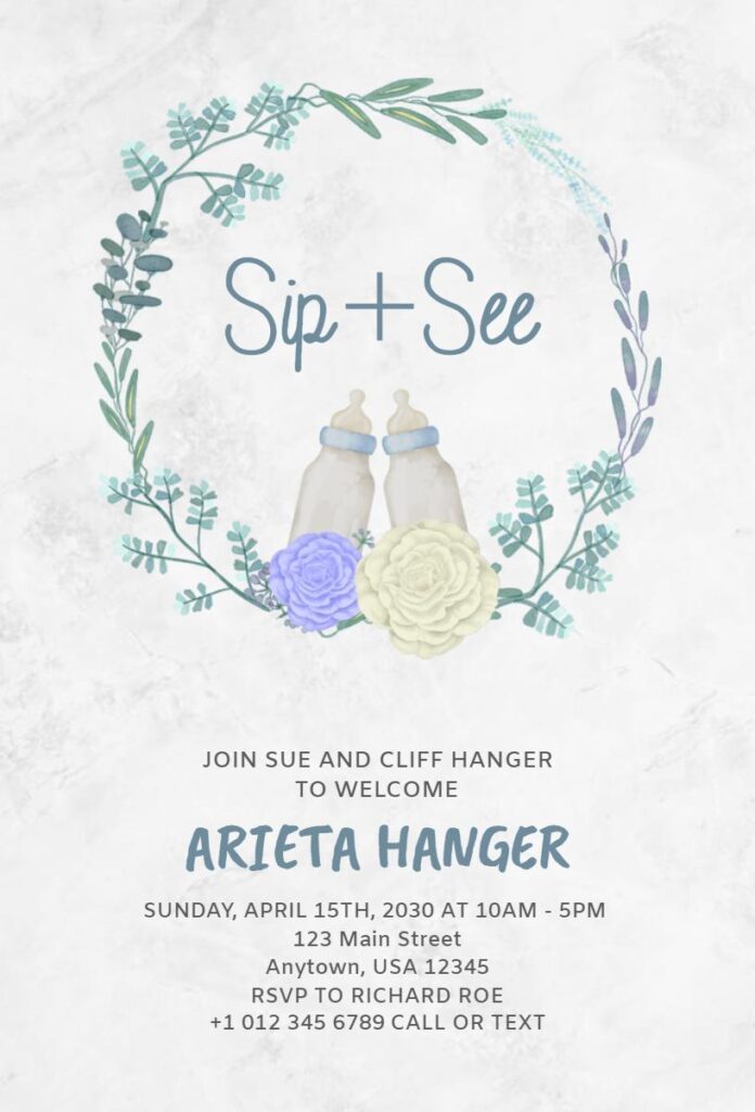 Blue floral baby boy Sip and See invitation template with watercolor greenery.