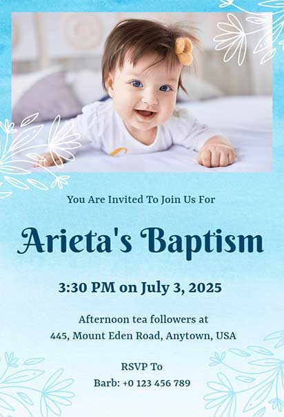 Soft Blue Floral Baptism Invitation With Gentle Pastel Hues And Delicate Flower Accents