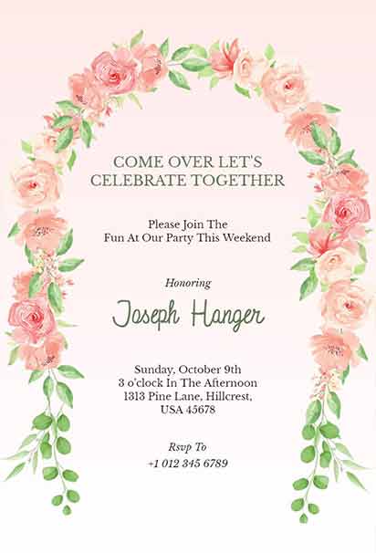 Soft Blush Celebrate Together Wreath Floral Invitation With Delicate Pink Blooms, Greenery Accents, And Elegant Festive Style