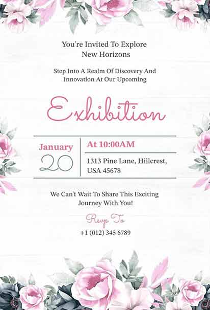 Soft Floral Exhibition Invitation With Delicate Blooms, Pastel Accents, And Elegant Artistic Style