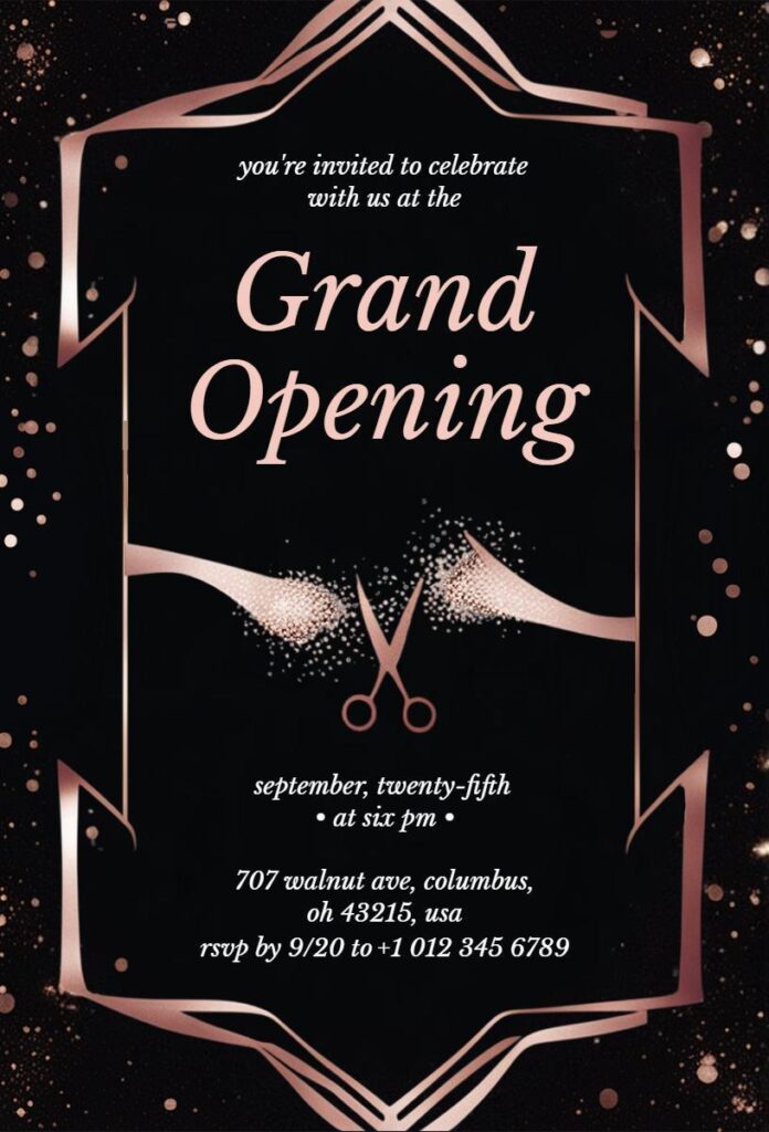 Sophisticated Grand Opening invitation template with rose gold and black luxury design.
