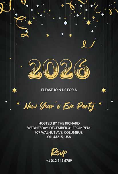 Sparkling Gold And Black New Year’s Eve Party Invitation With Glamorous Festive Details