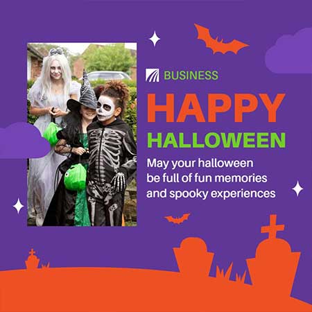 Spooky Fun Halloween Greeting Card with Playful Ghosts and Pumpkins