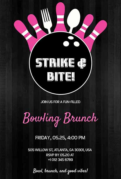Strike And Bite Bowling Brunch Party Invitation With Fun Game And Food Celebration Theme