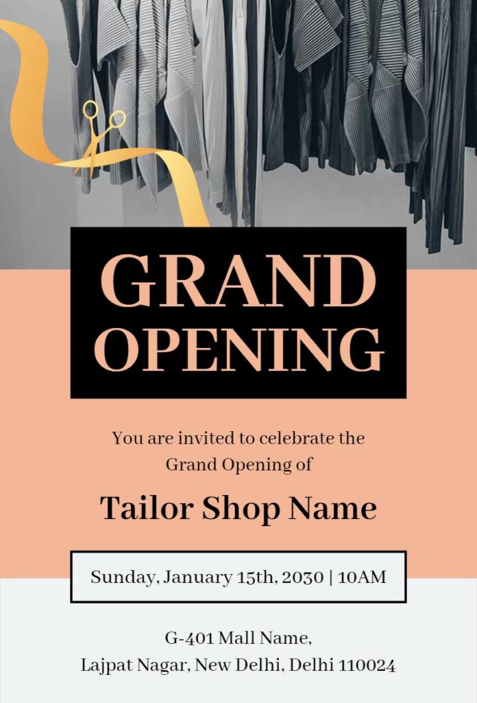 Tailor shop grand opening invitation template with fabric display and scissors ribbon design.
