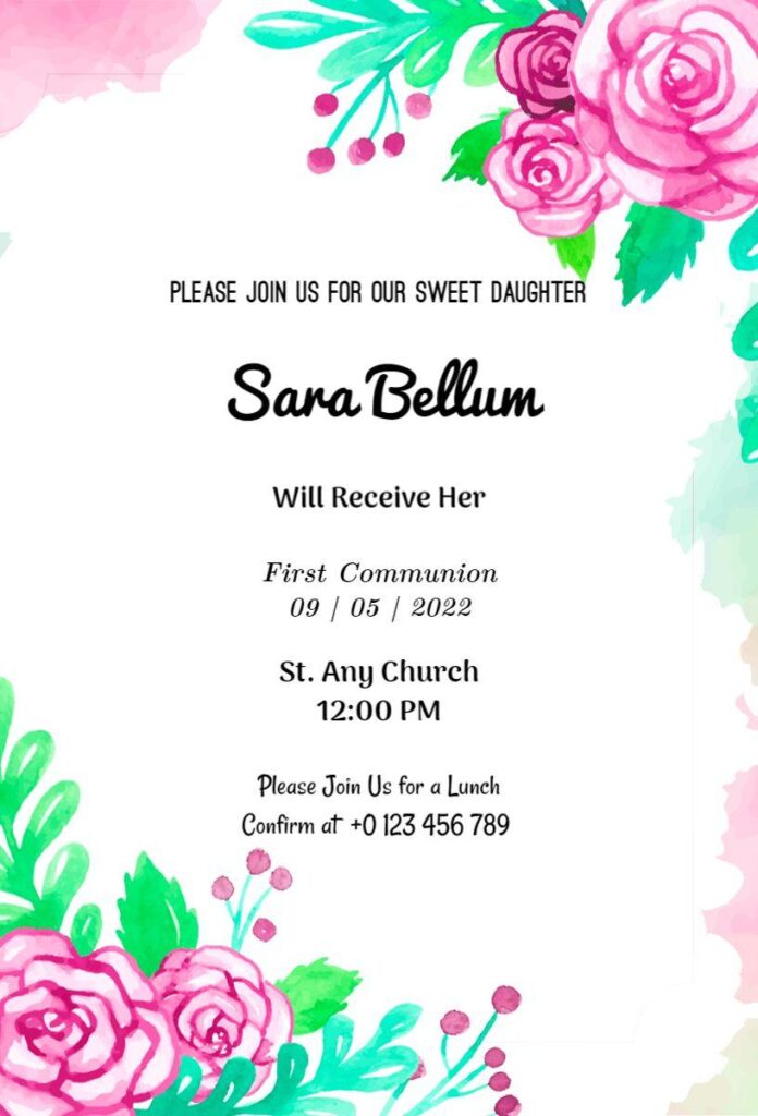 Floral First Communion invitation template with pink and green watercolor flowers and leaf accents