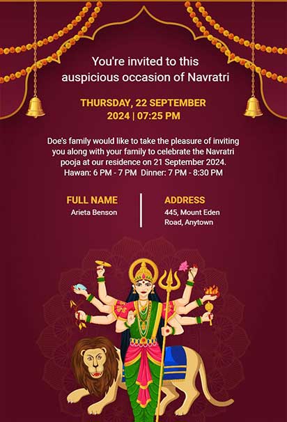 Traditional Navratri Pooja Invitation with Goddess Durga Illustration, Floral Borders, and Ornate Text on a Vibrant Red Background