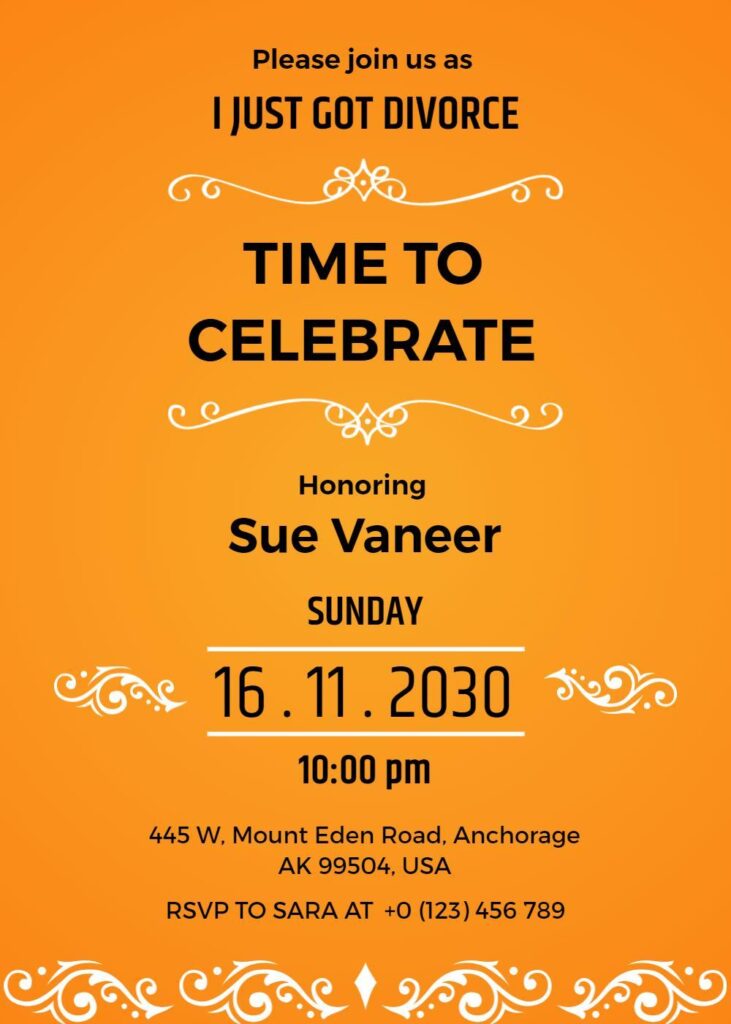 Bright orange Divorce party invitation template with white swirls and bold typography