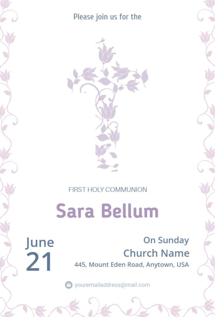 Blue and pink watercolor floral First Communion invitation template with elegant layout.
