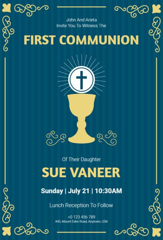 Green nature-inspired First Communion invitation template with soft, elegant background.