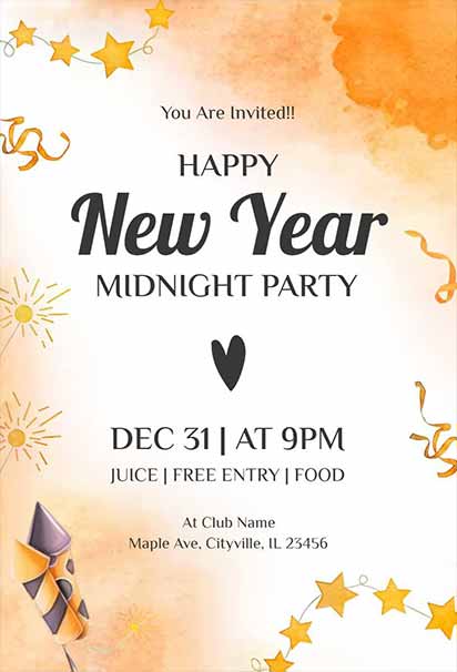 Vibrant Orange And Gold New Year Midnight Party Invitation With Festive Lights And Celebration Theme