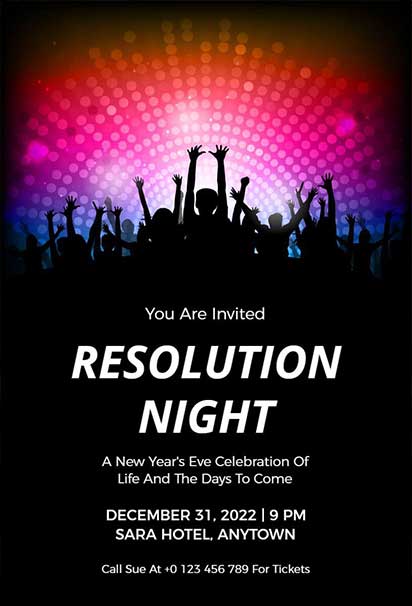 Vibrant Party Resolution Night New Year Invitation With Colorful Lights And Festive Celebration Theme