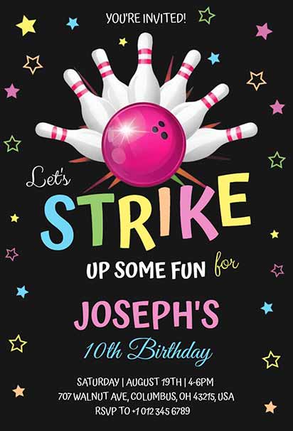 Vibrant Strike Celebration Bowling Party Invitation With Bright Colors And Energetic Game Theme