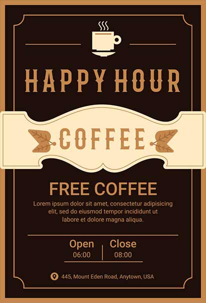 Vintage Coffeehouse Happy Hour Invitation With Warm Brown Tones, Retro Typography, And Cozy Café Vibes