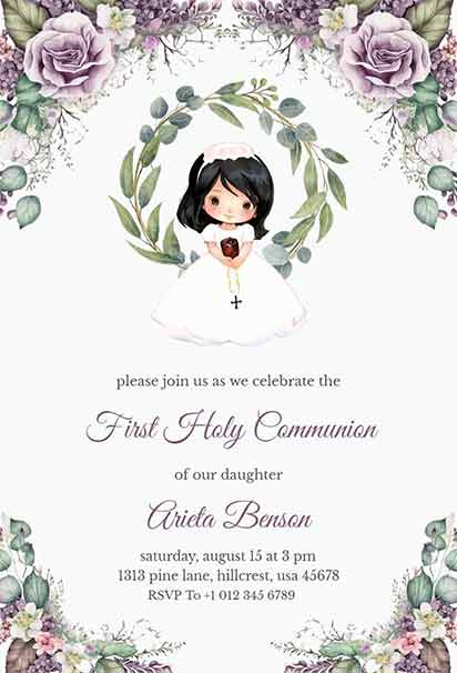 Vintage Lavender First Communion Floral Invitation With Soft Purple Blooms, Delicate Greenery, And Elegant Sacred Style
