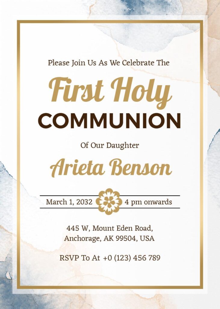Soft greenery watercolor First Holy Communion invitation template with minimalist layout.
