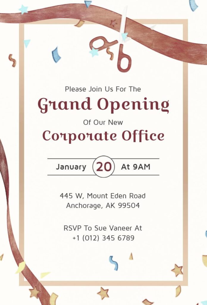 Elegant watercolor corporate office grand opening invitation template with confetti accents