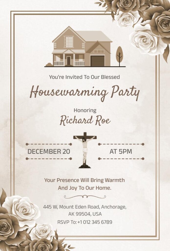 Beige floral Christian housewarming invitation with cross accents.