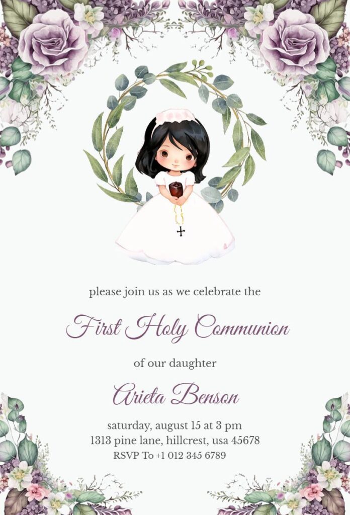 Blush floral watercolor First Holy Communion invitation template for girls.