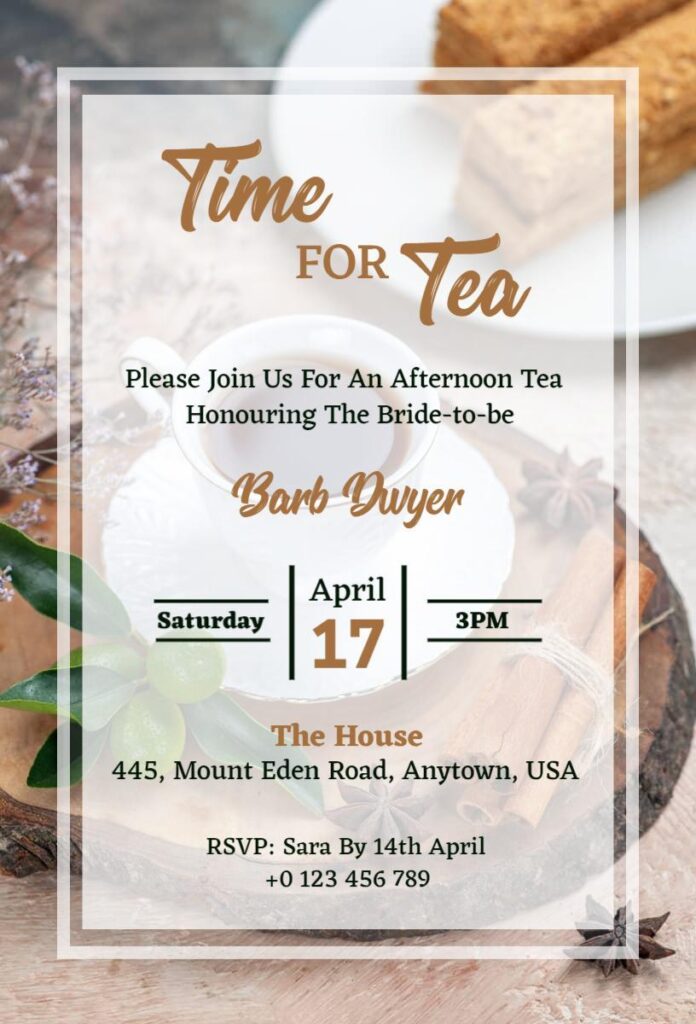 Minimal beige and brown tea invitation with elegant text layout