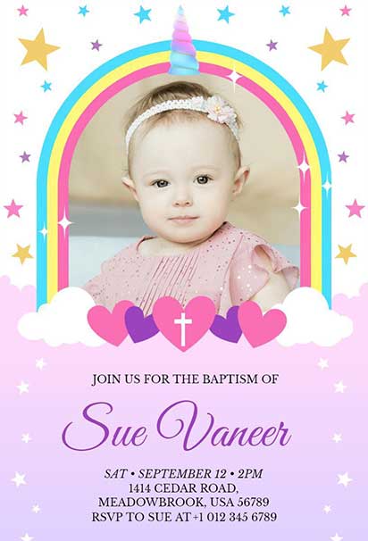 Whimsical Rainbow Unicorn-Themed Baptism Invitation with Magical Pastel Accents