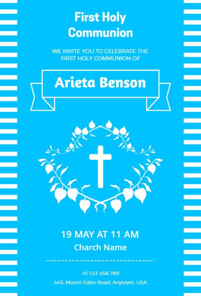 Elegant black and white First Communion invitation template with modern typography.