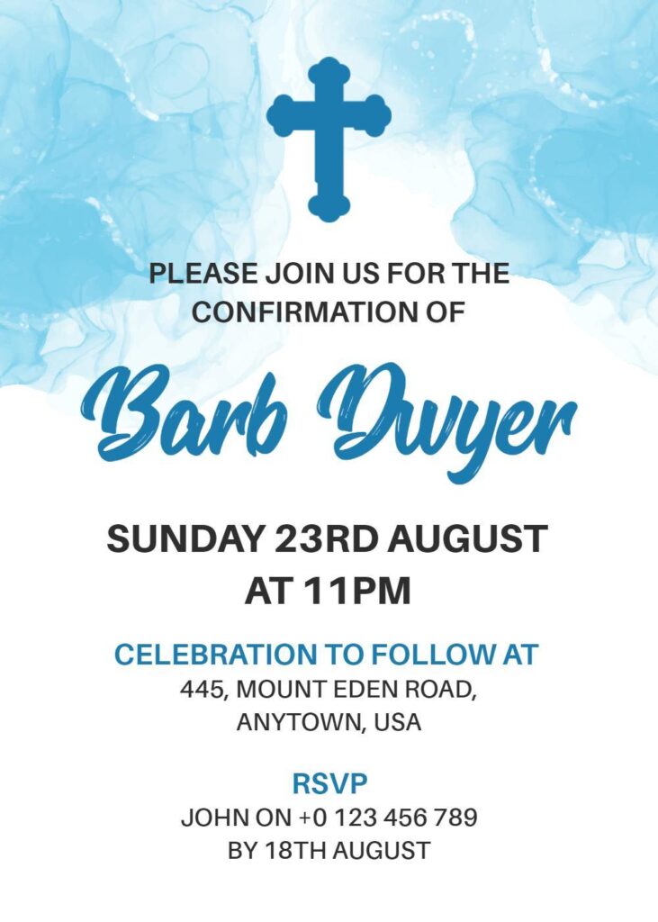 A white and sky blue Confirmation invitation with minimalist design and gentle blue accents