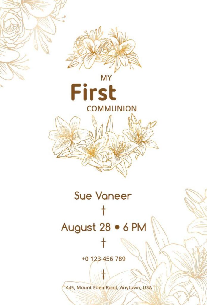 White and gold First Communion invitation template with floral line art design.