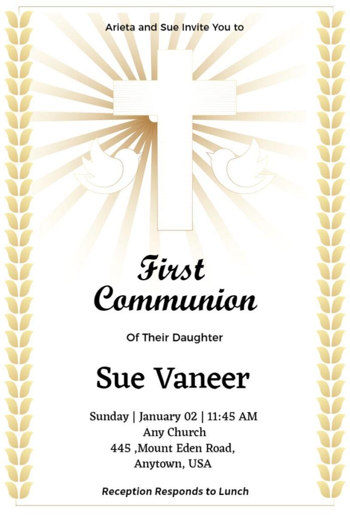 White and gold First Communion invitation template with cross symbol and modern text.