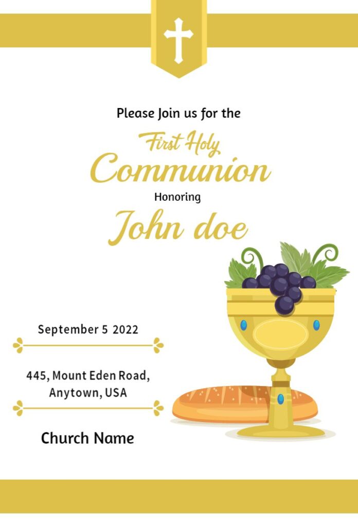 White minimalist First Communion invitation template with clean and elegant layout.