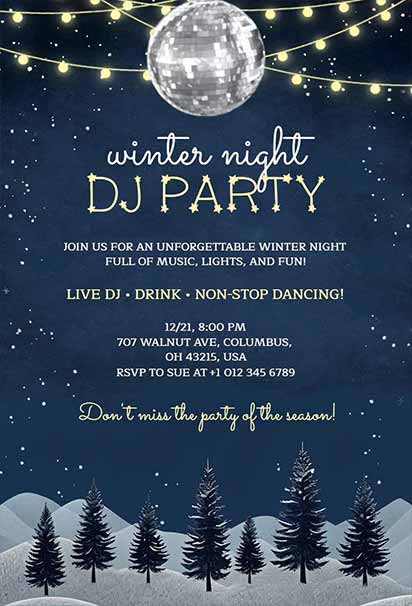 Winter Night DJ Disco Party Invitation With Cool Blue Lights And Festive Dance Atmosphere