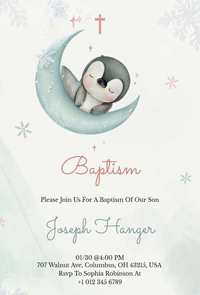 Winter Penguin Baptism Invitation Template
