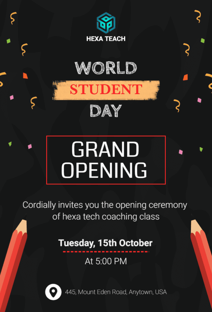 Woodsmoke and Shark Grand Opening invitation template with a colorful and festive layout