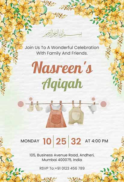 Yellow Aqiqah Celebration Floral Invitation With Soft Blooms, Warm Accents, And Joyful Elegant Design
