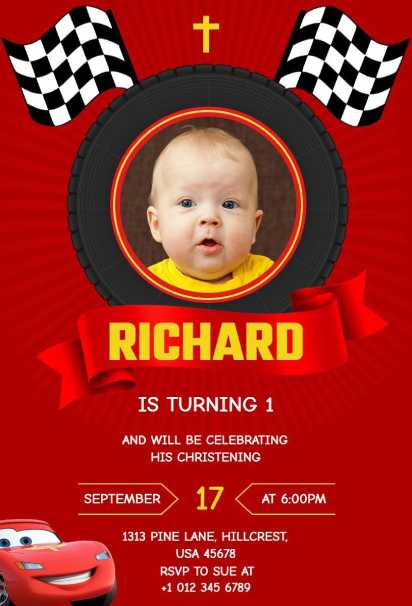 Red race car christening and first birthday invite with flags