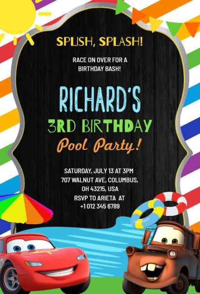 Colorful pool party car birthday invitation with bright stripes and cartoon cars