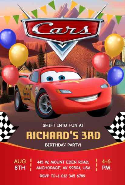 desert rally car birthday invitation template with colorful balloons and a hero race car
