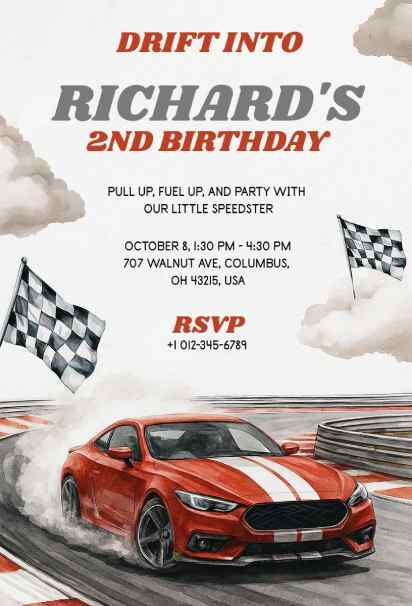 Red drifting race car second birthday invitation with motion effects and flags