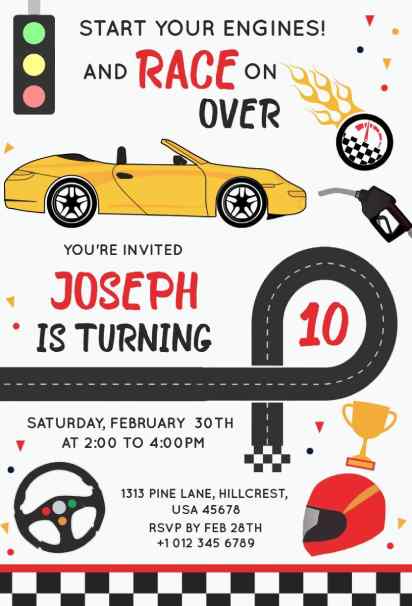 elite trackside car birthday invitation template with a yellow sports car and racing icons