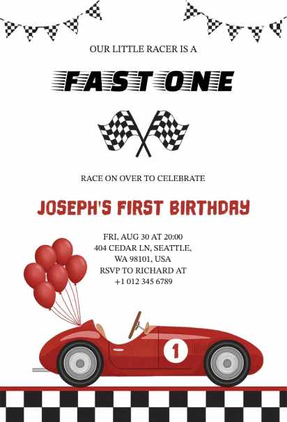 Retro red race car first birthday invitation with balloons and checkered accents