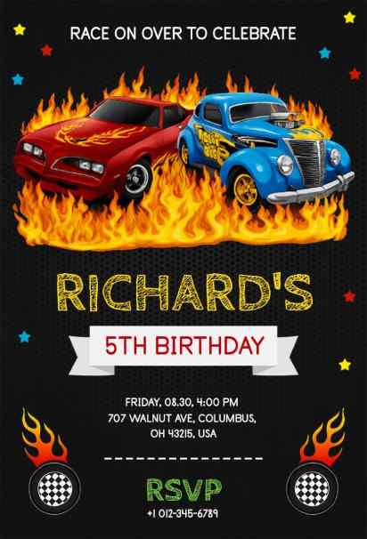 Hot wheels style flaming race car birthday invitation