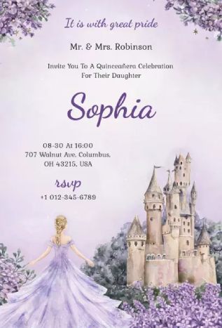 lavender castle quinceañera purple flower invitation template