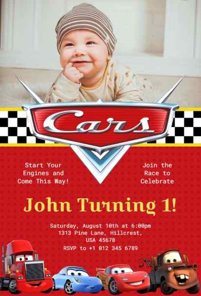 Cute baby themed car birthday invitation with checkered pattern