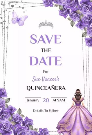 rose and butterfly quinceañera save-the-date purple flower invitation template