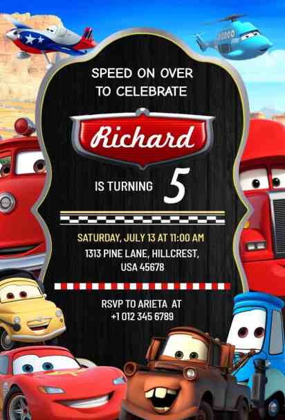 speedway lightning car birthday invitation template featuring bold cartoon race cars