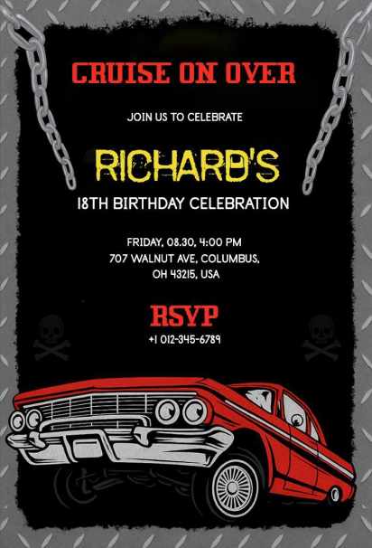 Grunge style lowrider car birthday invitation with chains