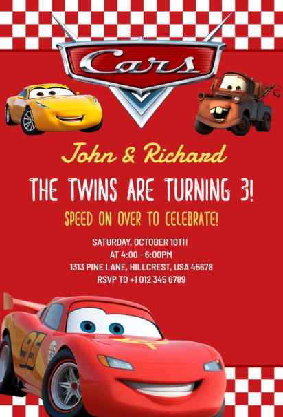 twin turbo riders car birthday invitation template for twins with two racing cars