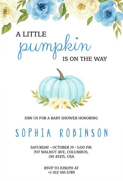 Blue Pumpkin Floral Baby Shower Invitation With Soft Elegant Theme